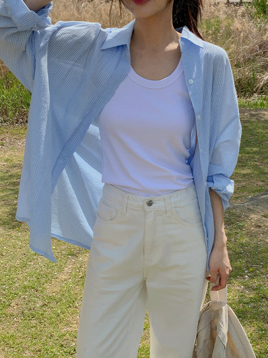 [9천장돌파✨/오버핏셔츠/여름여행] UTMOST 플레인 스트라이프 셔츠 - 2 Color (긴팔/살안타템/얇은셔츠/여름셔츠)