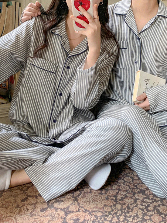 [라스트찬스 50%/당일출발] 센크 스트라이프 긴팔 잠옷 - 2 Color (파자마/홈웨어/커플)